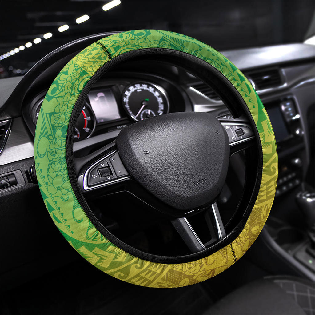 Hawaiian Turtles and Leis Steering Wheel Cover Tribal Kakau Pattern Fresh Summer Vibe LT03 Universal Fit Green - Polynesian Pride