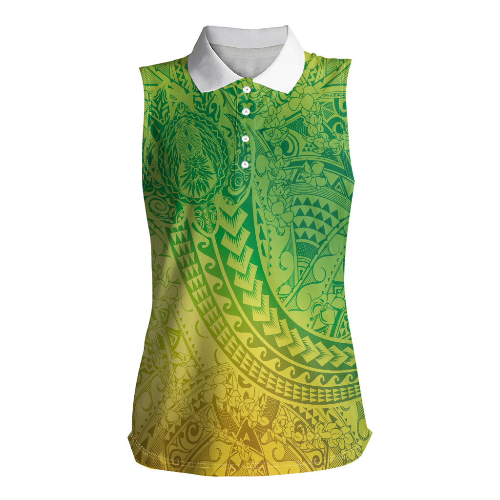 Hawaiian Turtles and Leis Women Sleeveless Polo Shirt Tribal Kakau Pattern Fresh Summer Vibe LT03 Female Green - Polynesian Pride