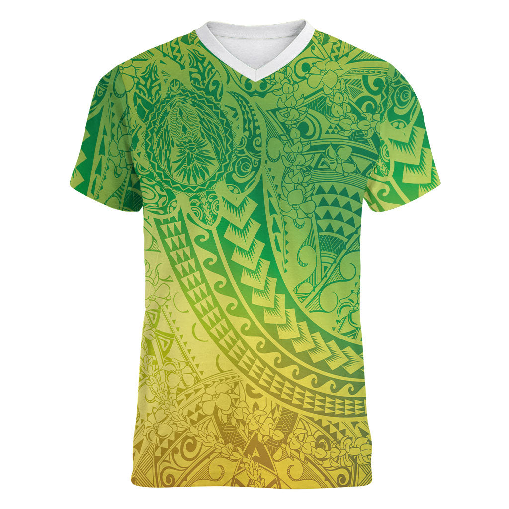 Hawaiian Turtles and Leis Women V-Neck T-Shirt Tribal Kakau Pattern Fresh Summer Vibe LT03 Female Green - Polynesian Pride