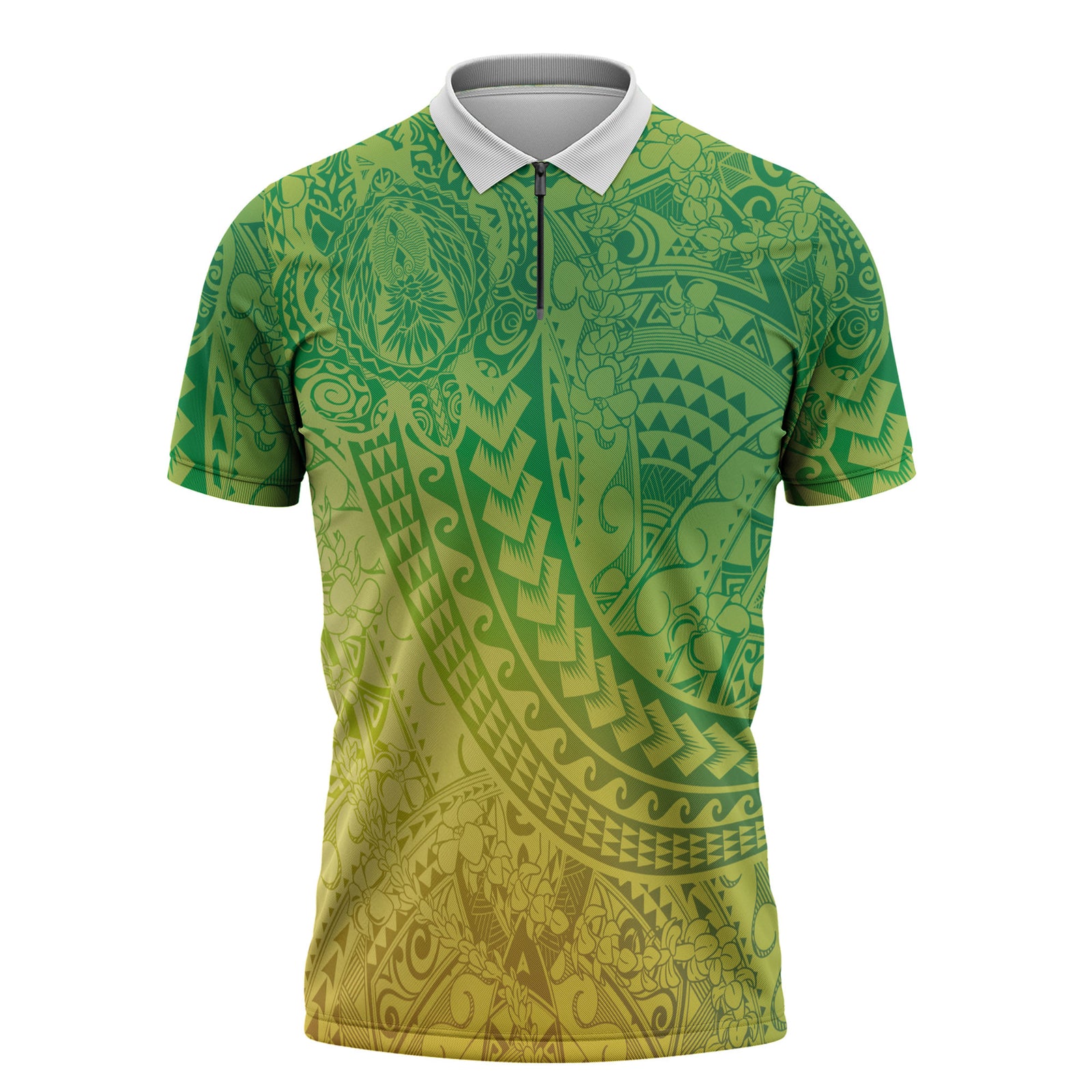 Hawaiian Turtles and Leis Zipper Polo Shirt Tribal Kakau Pattern Fresh Summer Vibe LT03 Green - Polynesian Pride