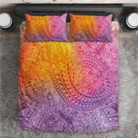 Hawaiian Turtles and Leis Bedding Set Tribal Kakau Pattern Magical Rainbow Sky