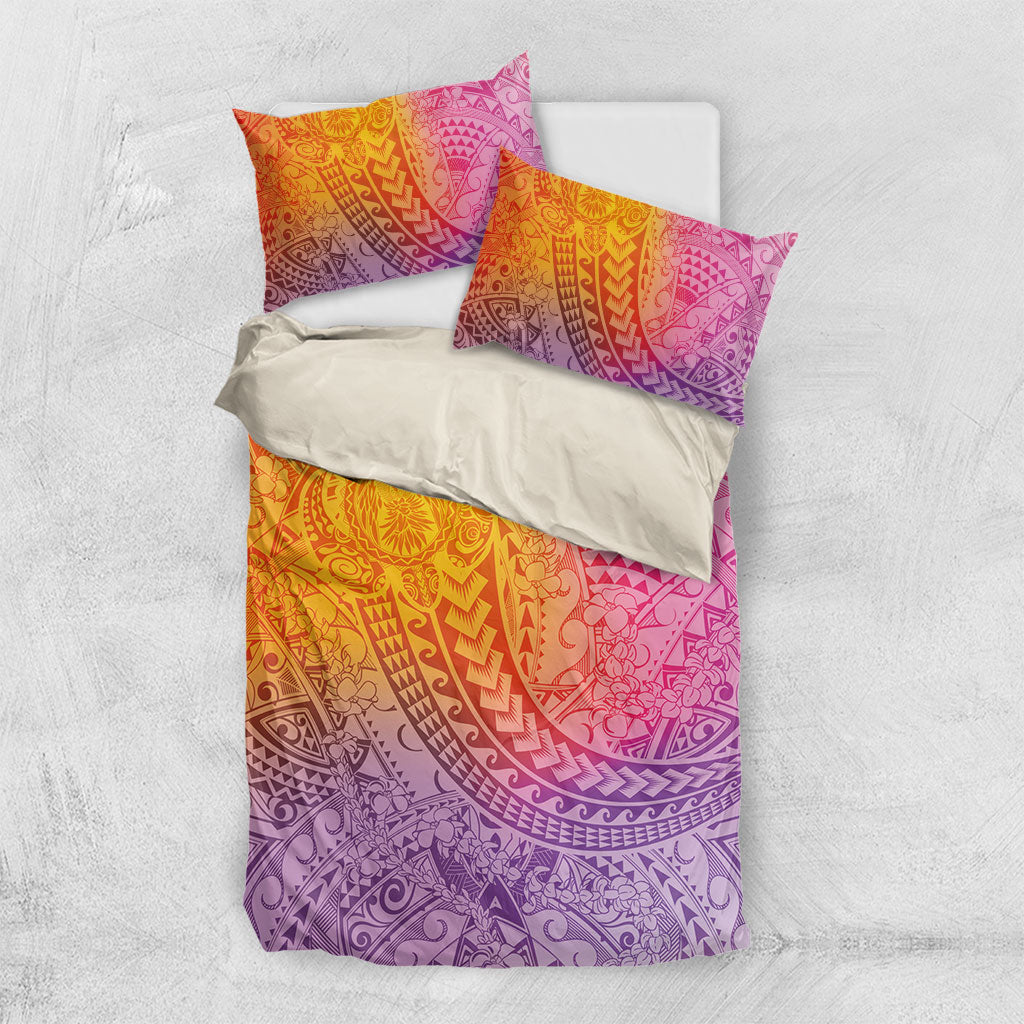 Hawaiian Turtles and Leis Bedding Set Tribal Kakau Pattern Magical Rainbow Sky