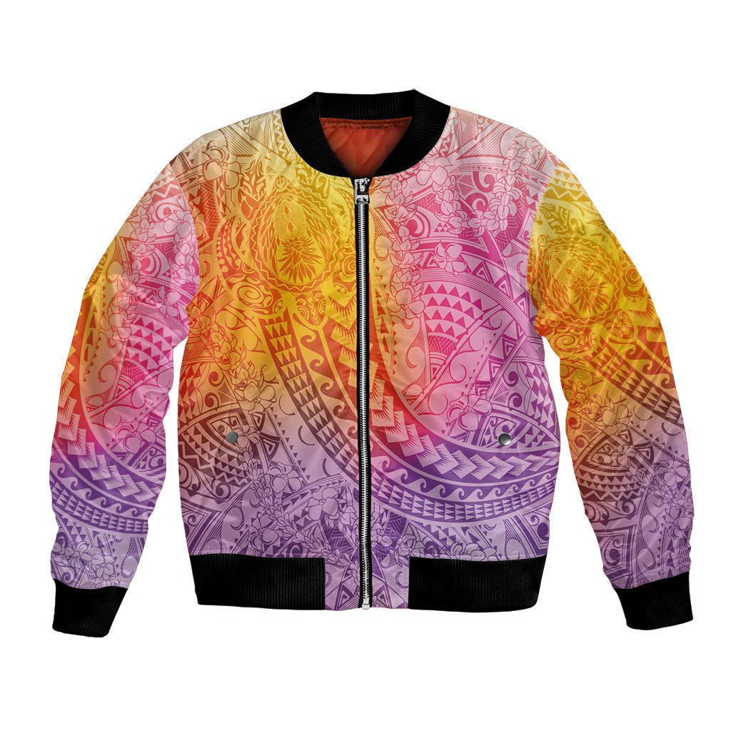 Hawaiian Turtles and Leis Bomber Jacket Tribal Kakau Pattern Magical Rainbow Sky