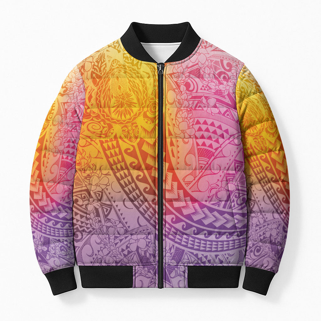 Hawaiian Turtles and Leis Bomber Puffer Jacket Tribal Kakau Pattern Magical Rainbow Sky