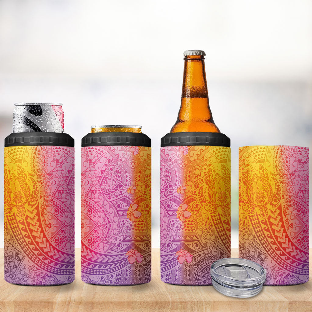 Hawaiian Turtles and Leis 4 in 1 Can Cooler Tumbler Tribal Kakau Pattern Magical Rainbow Sky