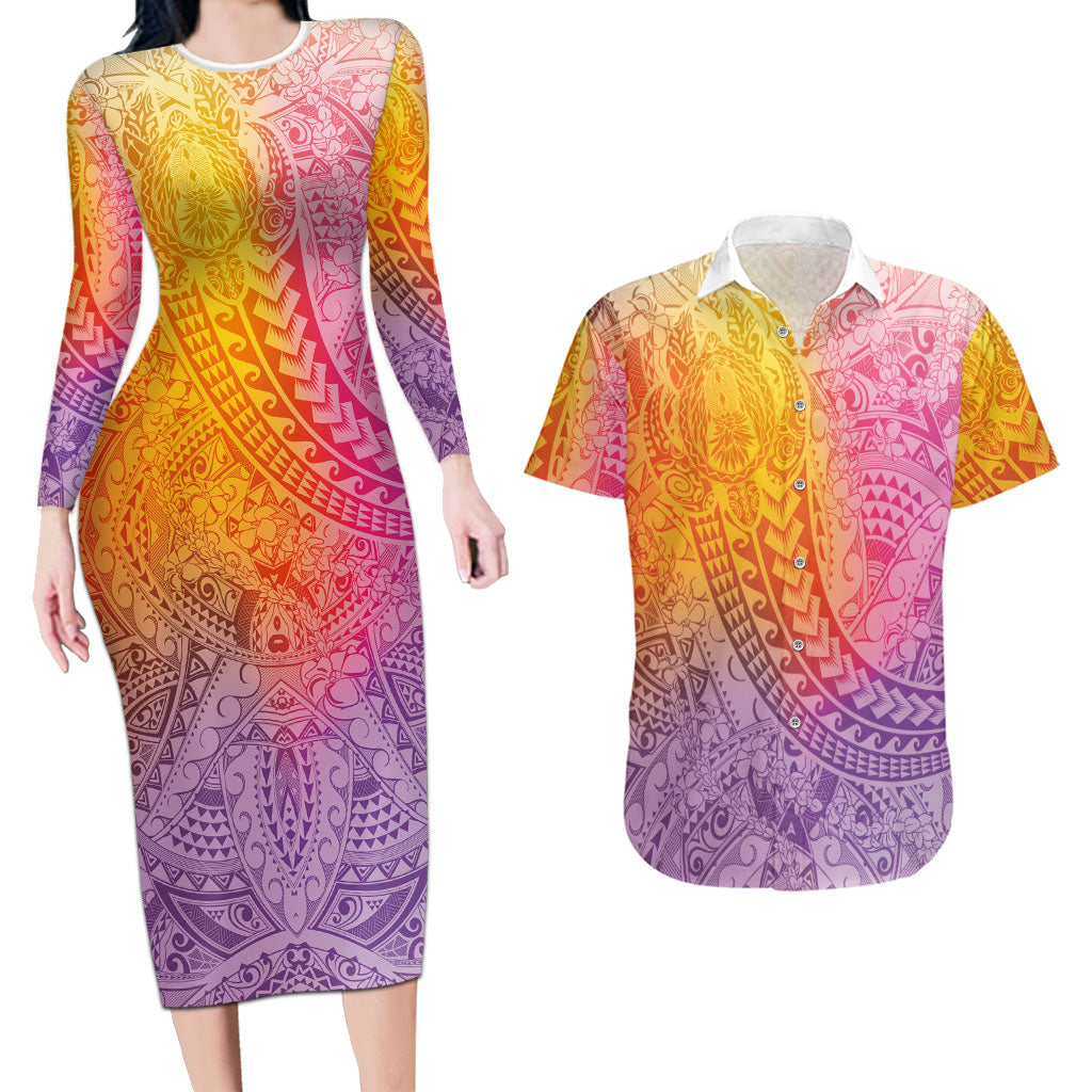 Hawaiian Turtles and Leis Couples Matching Long Sleeve Bodycon Dress and Hawaiian Shirt Tribal Kakau Pattern Magical Rainbow Sky