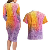 Hawaiian Turtles and Leis Couples Matching Long Sleeve Bodycon Dress and Hawaiian Shirt Tribal Kakau Pattern Magical Rainbow Sky