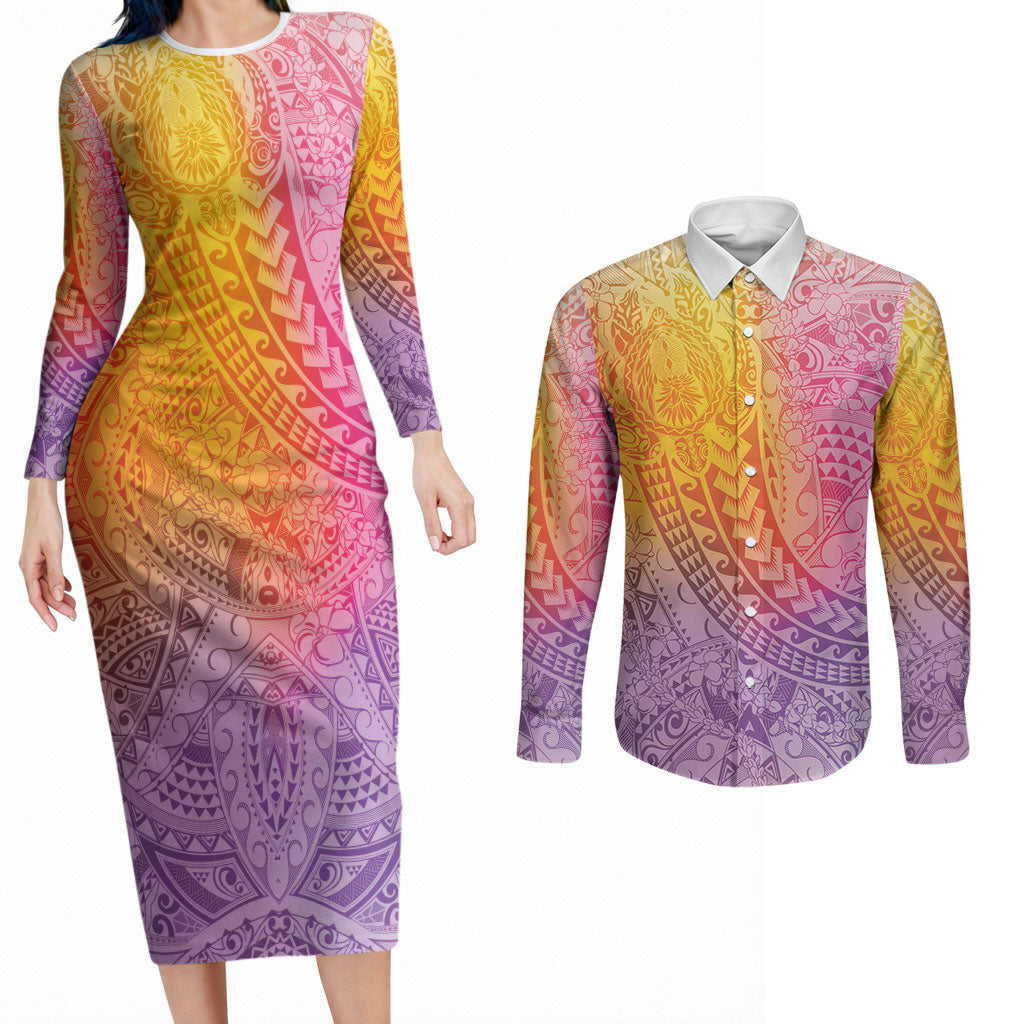Hawaiian Turtles and Leis Couples Matching Long Sleeve Bodycon Dress and Long Sleeve Button Shirt Tribal Kakau Pattern Magical Rainbow Sky LT03 Multicolor - Polynesian Pride