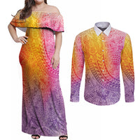 Hawaiian Turtles and Leis Couples Matching Off Shoulder Maxi Dress and Long Sleeve Button Shirt Tribal Kakau Pattern Magical Rainbow Sky