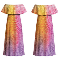 Hawaiian Turtles and Leis Couples Matching Off Shoulder Maxi Dress and Long Sleeve Button Shirt Tribal Kakau Pattern Magical Rainbow Sky LT03 - Polynesian Pride