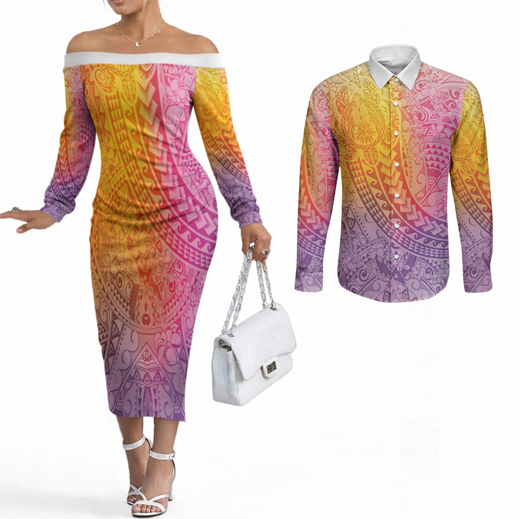 Hawaiian Turtles and Leis Couples Matching Off The Shoulder Long Sleeve Dress and Long Sleeve Button Shirt Tribal Kakau Pattern Magical Rainbow Sky LT03 Multicolor - Polynesian Pride