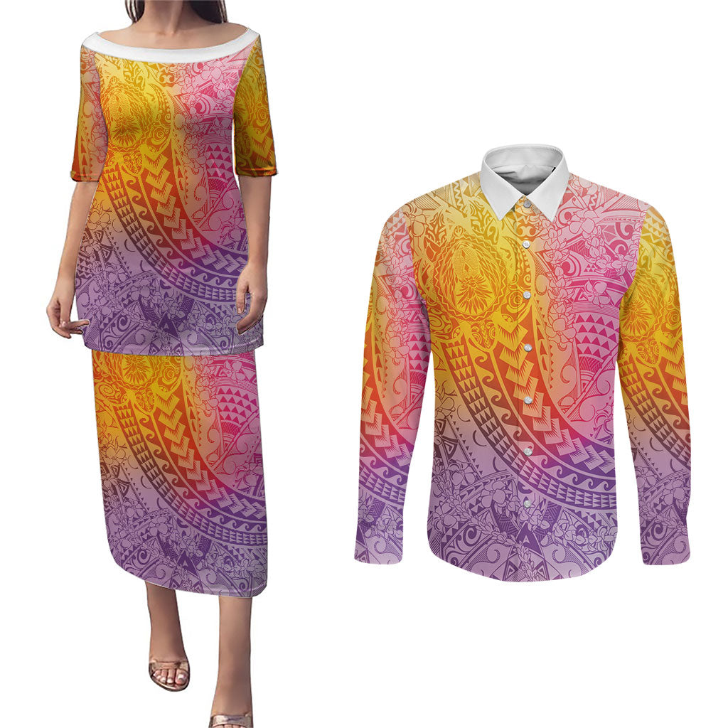 Hawaiian Turtles and Leis Couples Matching Puletasi and Long Sleeve Button Shirt Tribal Kakau Pattern Magical Rainbow Sky