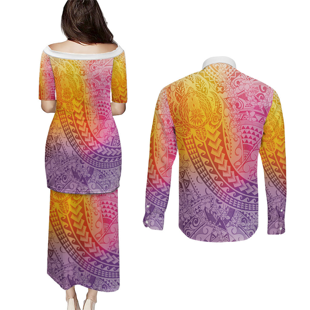 Hawaiian Turtles and Leis Couples Matching Puletasi and Long Sleeve Button Shirt Tribal Kakau Pattern Magical Rainbow Sky
