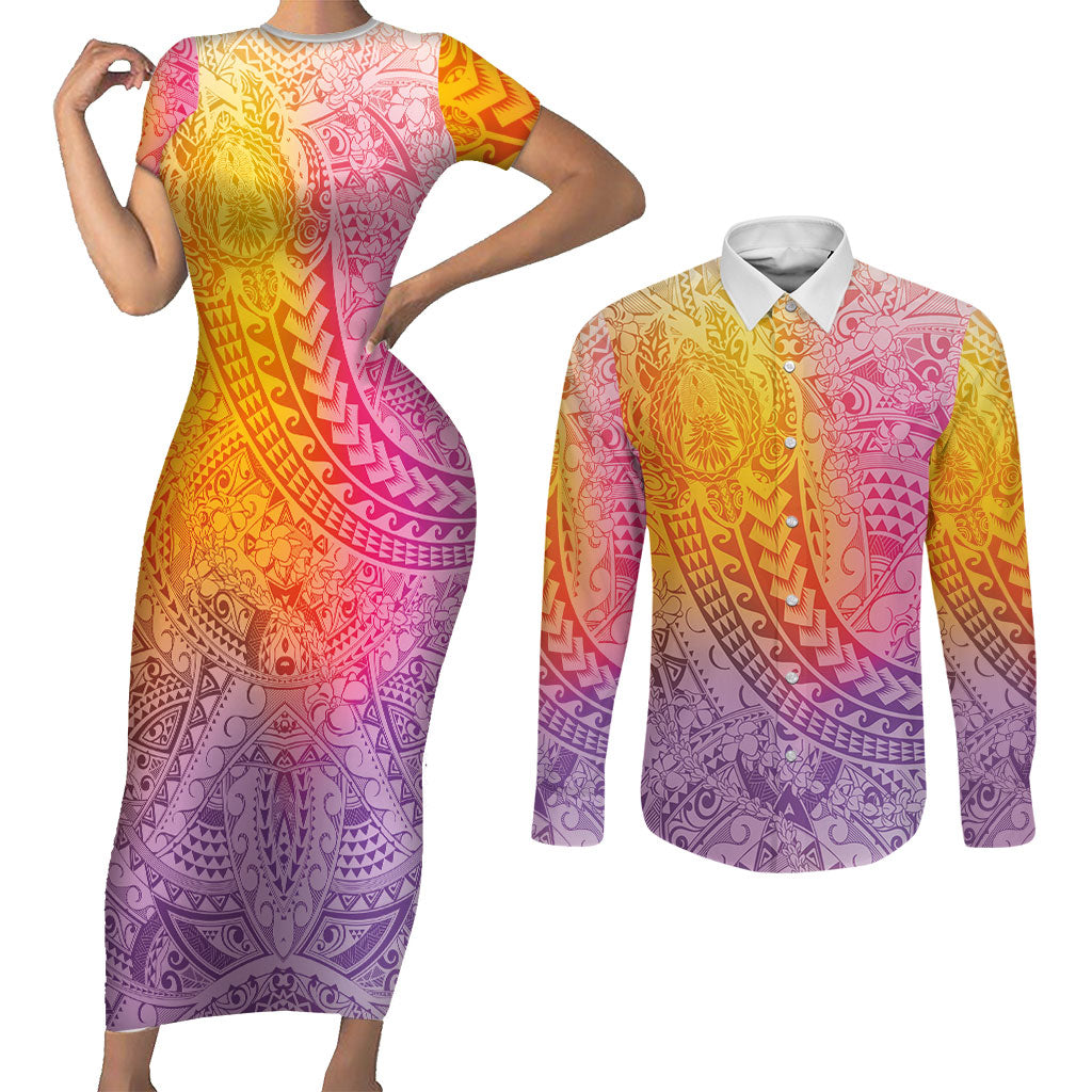 Hawaiian Turtles and Leis Couples Matching Short Sleeve Bodycon Dress and Long Sleeve Button Shirt Tribal Kakau Pattern Magical Rainbow Sky