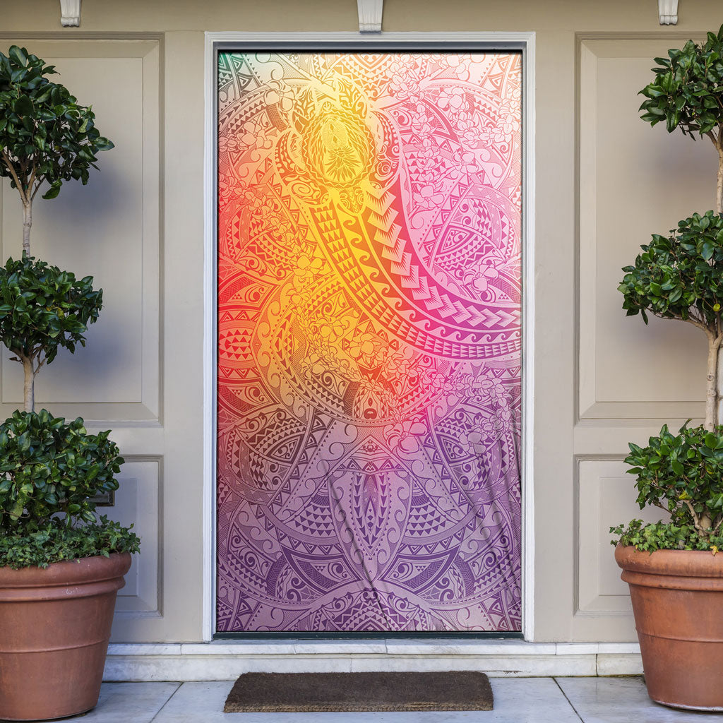 Hawaiian Turtles and Leis Door Cover Tribal Kakau Pattern Magical Rainbow Sky LT03 Multicolor - Polynesian Pride