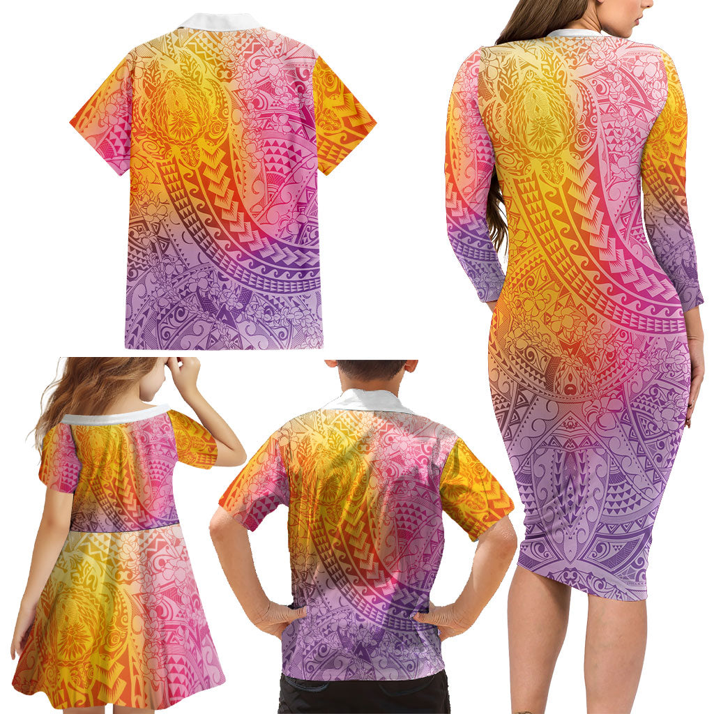 Hawaiian Turtles and Leis Family Matching Long Sleeve Bodycon Dress and Hawaiian Shirt Tribal Kakau Pattern Magical Rainbow Sky