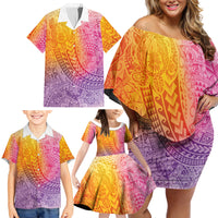 Hawaiian Turtles and Leis Family Matching Off Shoulder Short Dress and Hawaiian Shirt Tribal Kakau Pattern Magical Rainbow Sky