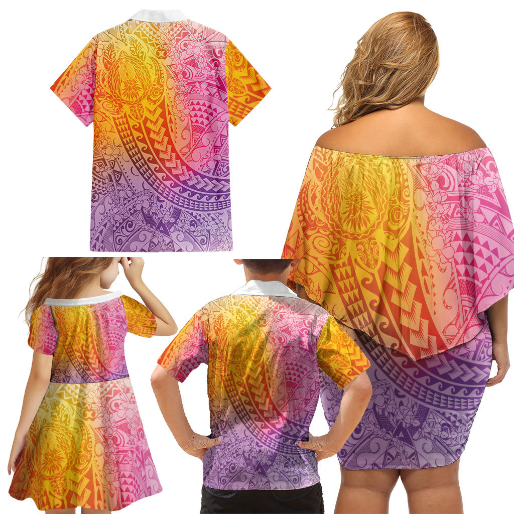 Hawaiian Turtles and Leis Family Matching Off Shoulder Short Dress and Hawaiian Shirt Tribal Kakau Pattern Magical Rainbow Sky