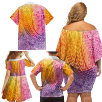 Hawaiian Turtles and Leis Family Matching Off Shoulder Short Dress and Hawaiian Shirt Tribal Kakau Pattern Magical Rainbow Sky