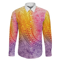 Hawaiian Turtles and Leis Family Matching Off Shoulder Short Dress and Hawaiian Shirt Tribal Kakau Pattern Magical Rainbow Sky
