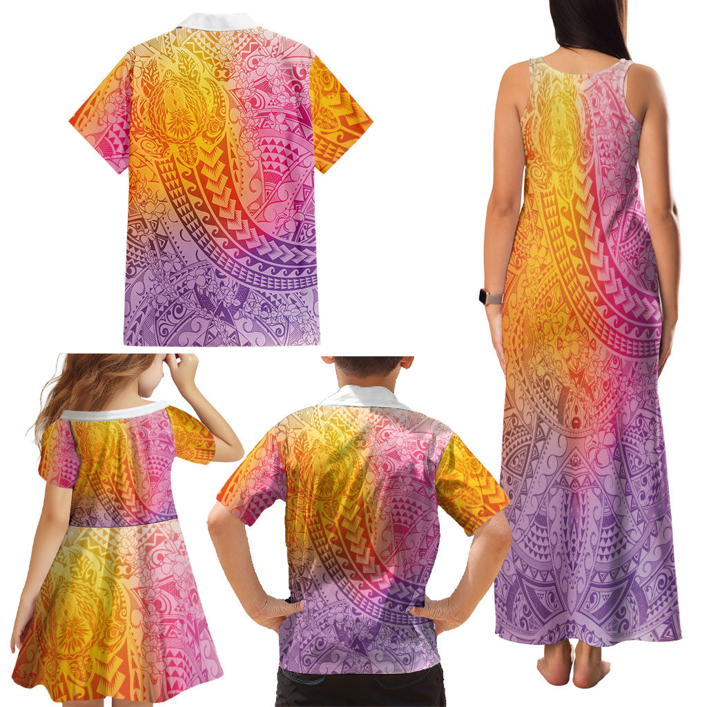 Hawaiian Turtles and Leis Family Matching Tank Maxi Dress and Hawaiian Shirt Tribal Kakau Pattern Magical Rainbow Sky