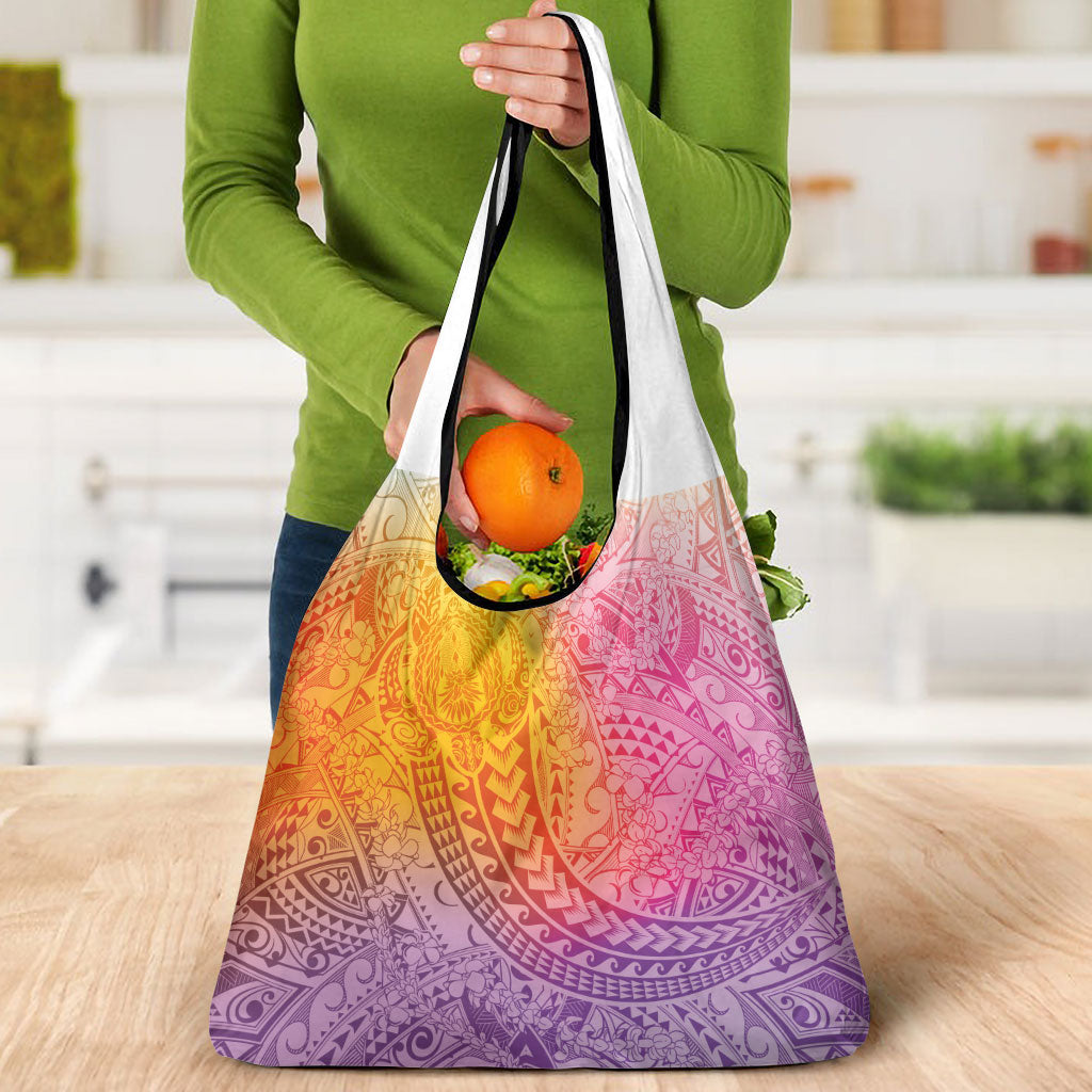 Hawaiian Turtles and Leis Grocery Bag Tribal Kakau Pattern Magical Rainbow Sky
