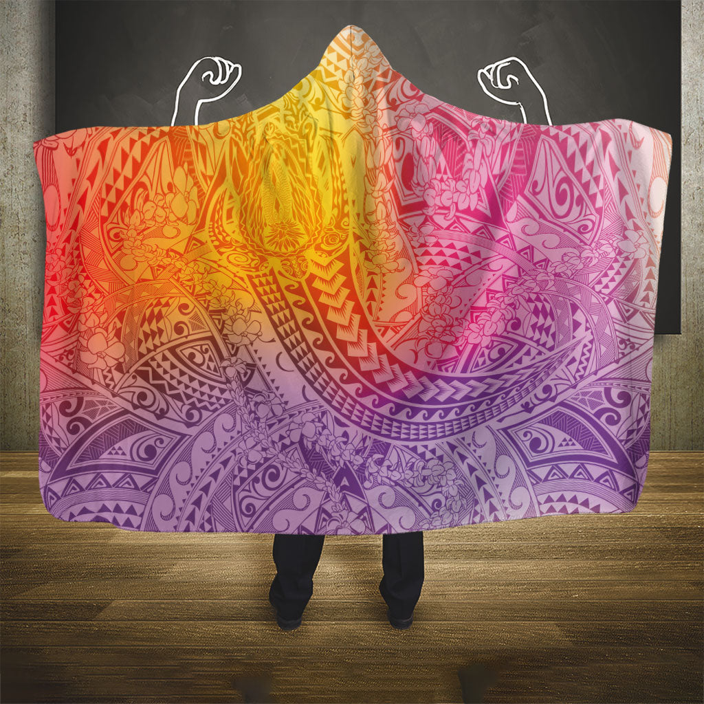 Hawaiian Turtles and Leis Hooded Blanket Tribal Kakau Pattern Magical Rainbow Sky