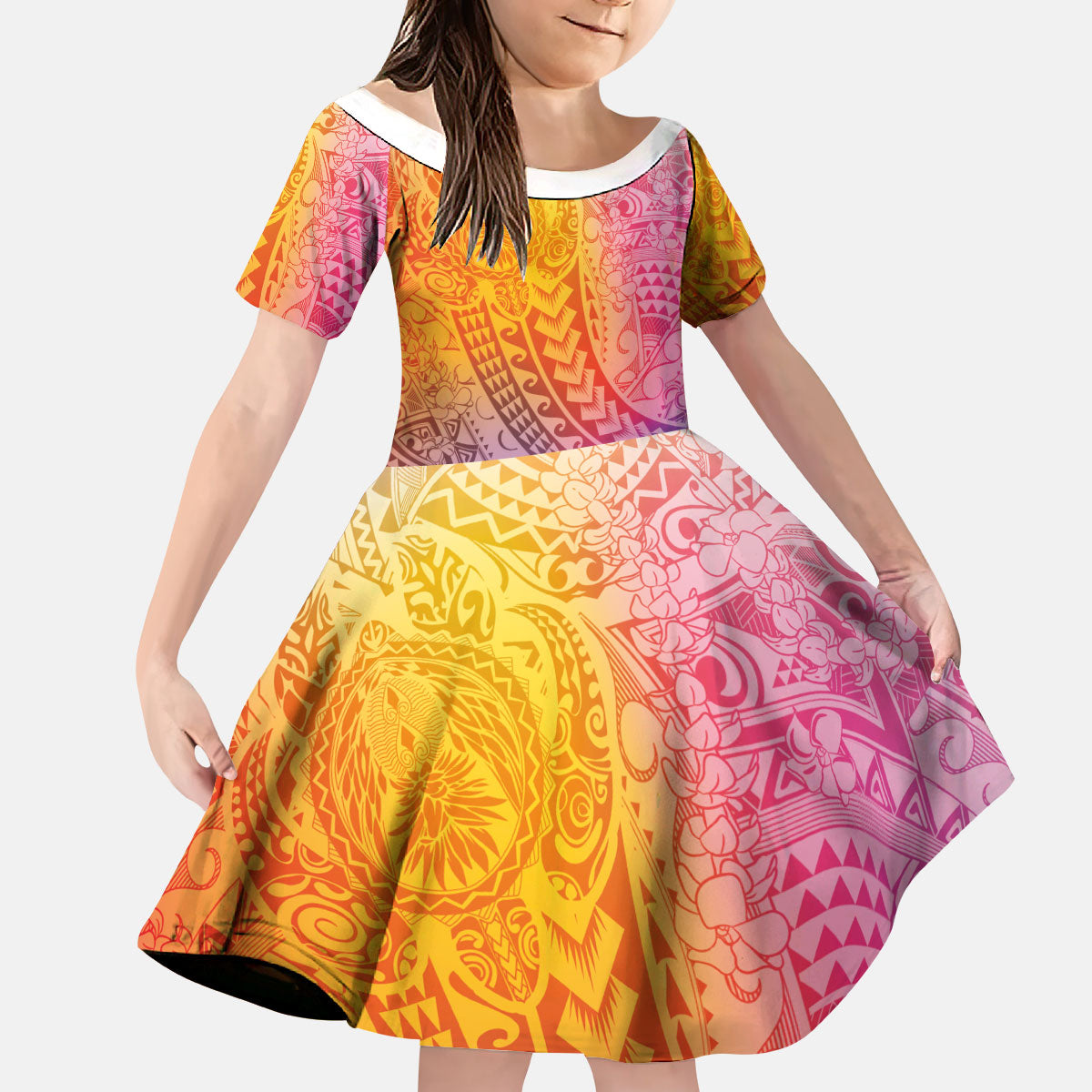 Hawaiian Turtles and Leis Kid Short Sleeve Dress Tribal Kakau Pattern Magical Rainbow Sky