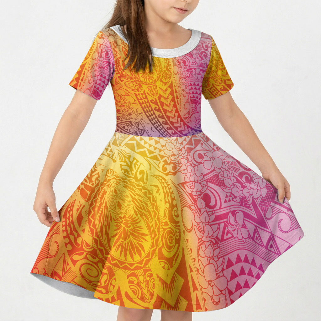 Hawaiian Turtles and Leis Kid Short Sleeve Dress Tribal Kakau Pattern Magical Rainbow Sky LT03 KID Multicolor - Polynesian Pride