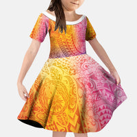 Hawaiian Turtles and Leis Kid Short Sleeve Dress Tribal Kakau Pattern Magical Rainbow Sky