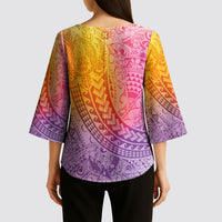 Hawaiian Turtles and Leis Kimono Sleeve Blouse Tribal Kakau Pattern Magical Rainbow Sky