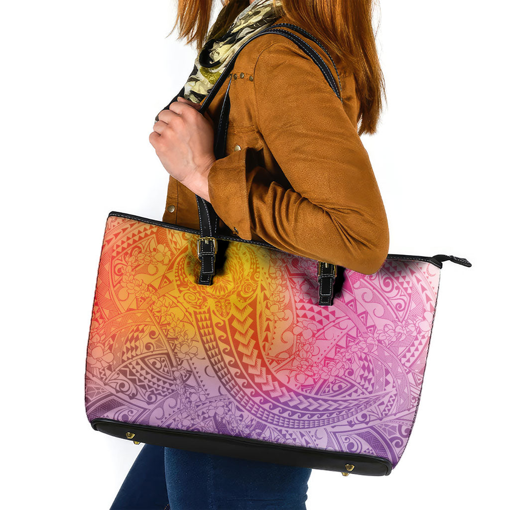 Hawaiian Turtles and Leis Leather Tote Bag Tribal Kakau Pattern Magical Rainbow Sky LT03 Multicolor - Polynesian Pride