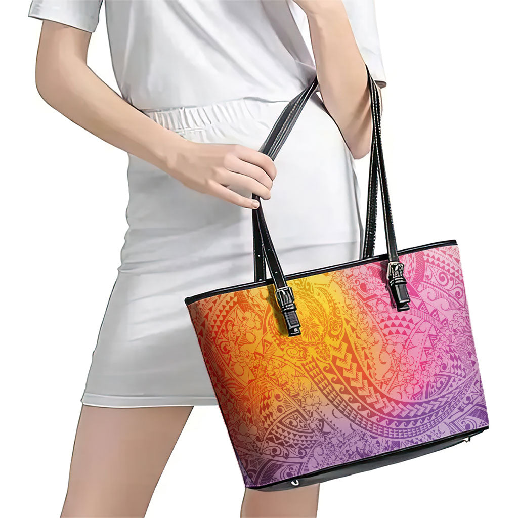 Hawaiian Turtles and Leis Leather Tote Bag Tribal Kakau Pattern Magical Rainbow Sky