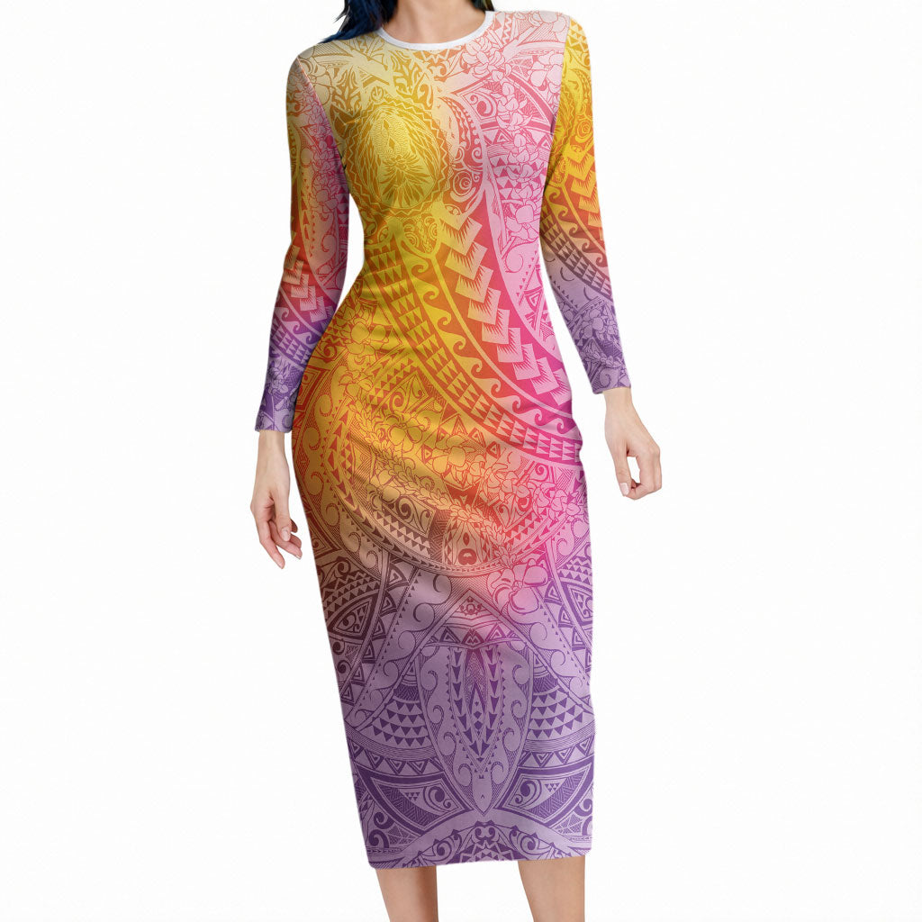 Hawaiian Turtles and Leis Long Sleeve Bodycon Dress Tribal Kakau Pattern Magical Rainbow Sky LT03 Long Dress Multicolor - Polynesian Pride