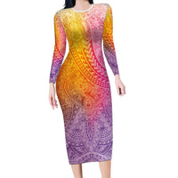 Hawaiian Turtles and Leis Long Sleeve Bodycon Dress Tribal Kakau Pattern Magical Rainbow Sky