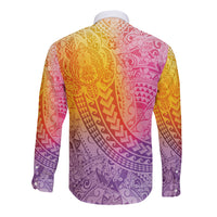 Hawaiian Turtles and Leis Long Sleeve Button Shirt Tribal Kakau Pattern Magical Rainbow Sky
