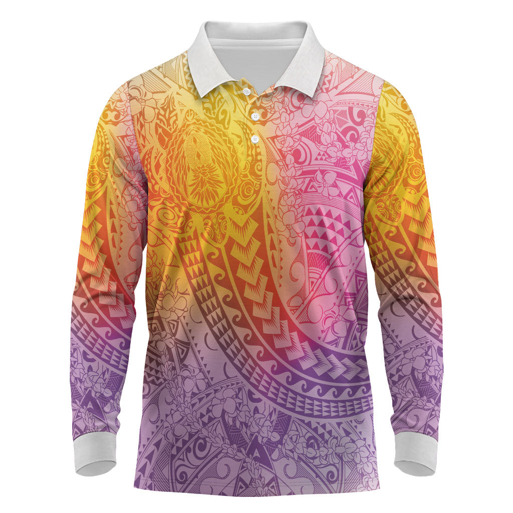 Hawaiian Turtles and Leis Long Sleeve Polo Shirt Tribal Kakau Pattern Magical Rainbow Sky LT03 Multicolor - Polynesian Pride