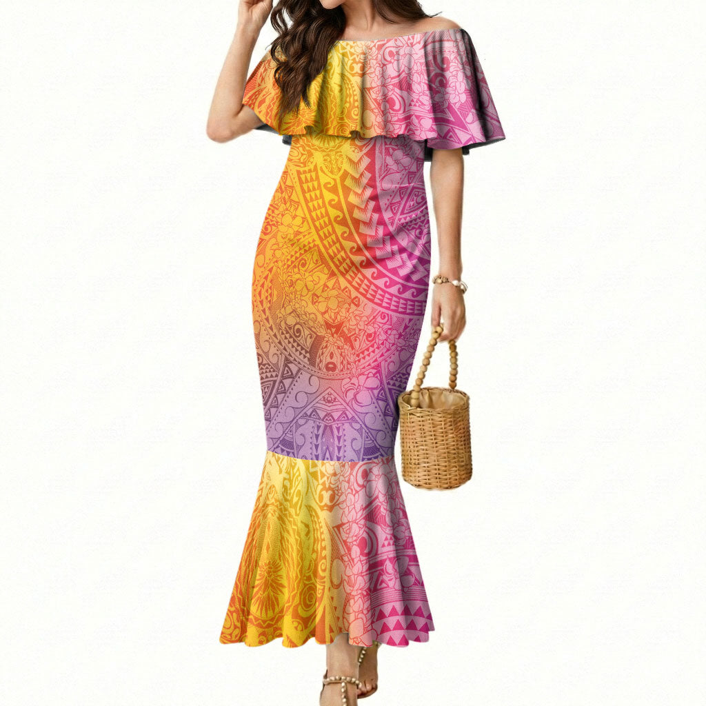 Hawaiian Turtles and Leis Mermaid Dress Tribal Kakau Pattern Magical Rainbow Sky LT03 Women Multicolor - Polynesian Pride