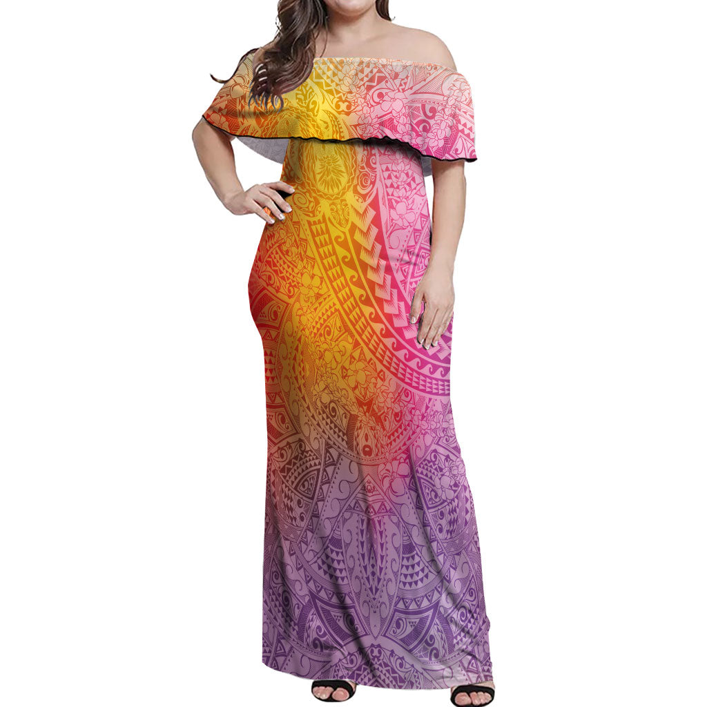 Hawaiian Turtles and Leis Off Shoulder Maxi Dress Tribal Kakau Pattern Magical Rainbow Sky