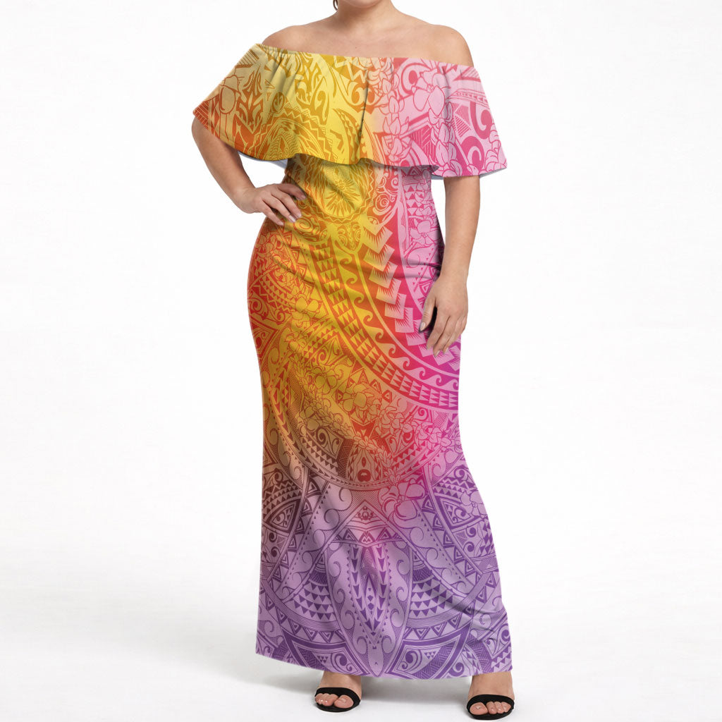 Hawaiian Turtles and Leis Off Shoulder Maxi Dress Tribal Kakau Pattern Magical Rainbow Sky LT03 Women Multicolor - Polynesian Pride