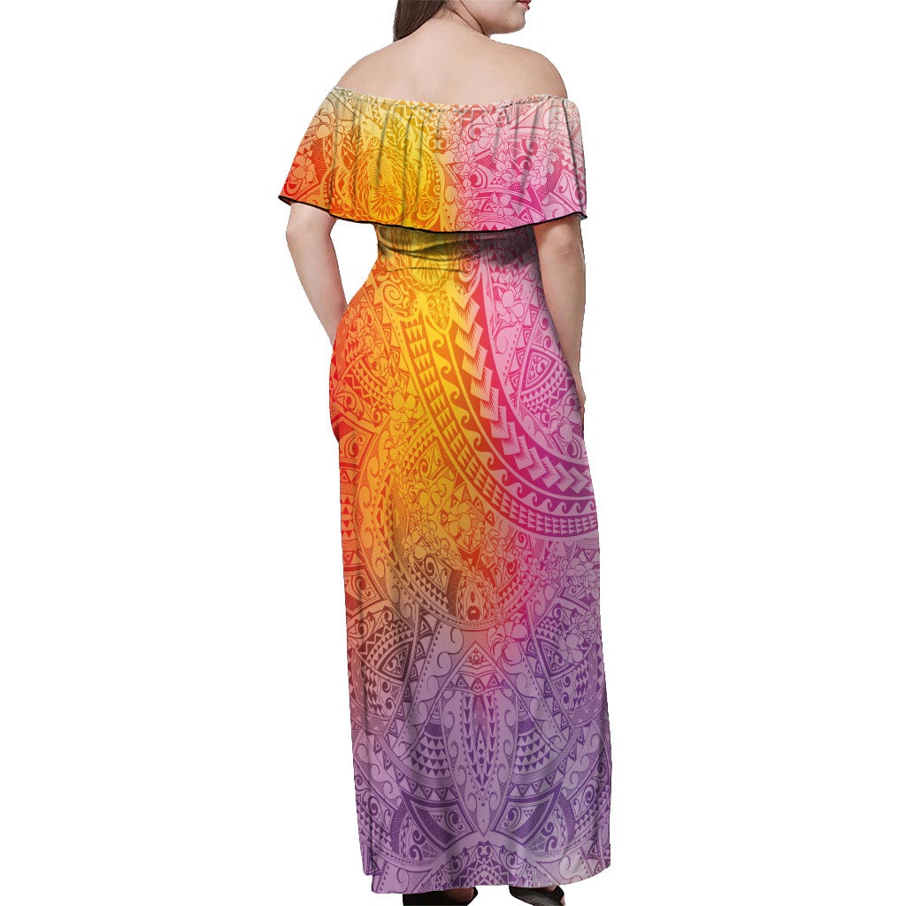 Hawaiian Turtles and Leis Off Shoulder Maxi Dress Tribal Kakau Pattern Magical Rainbow Sky