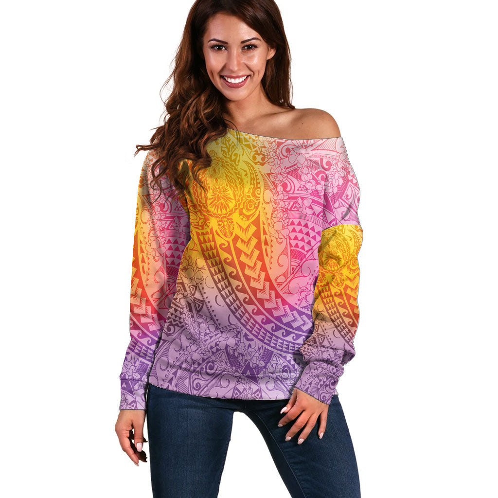 Hawaiian Turtles and Leis Off Shoulder Sweater Tribal Kakau Pattern Magical Rainbow Sky LT03 Women Multicolor - Polynesian Pride