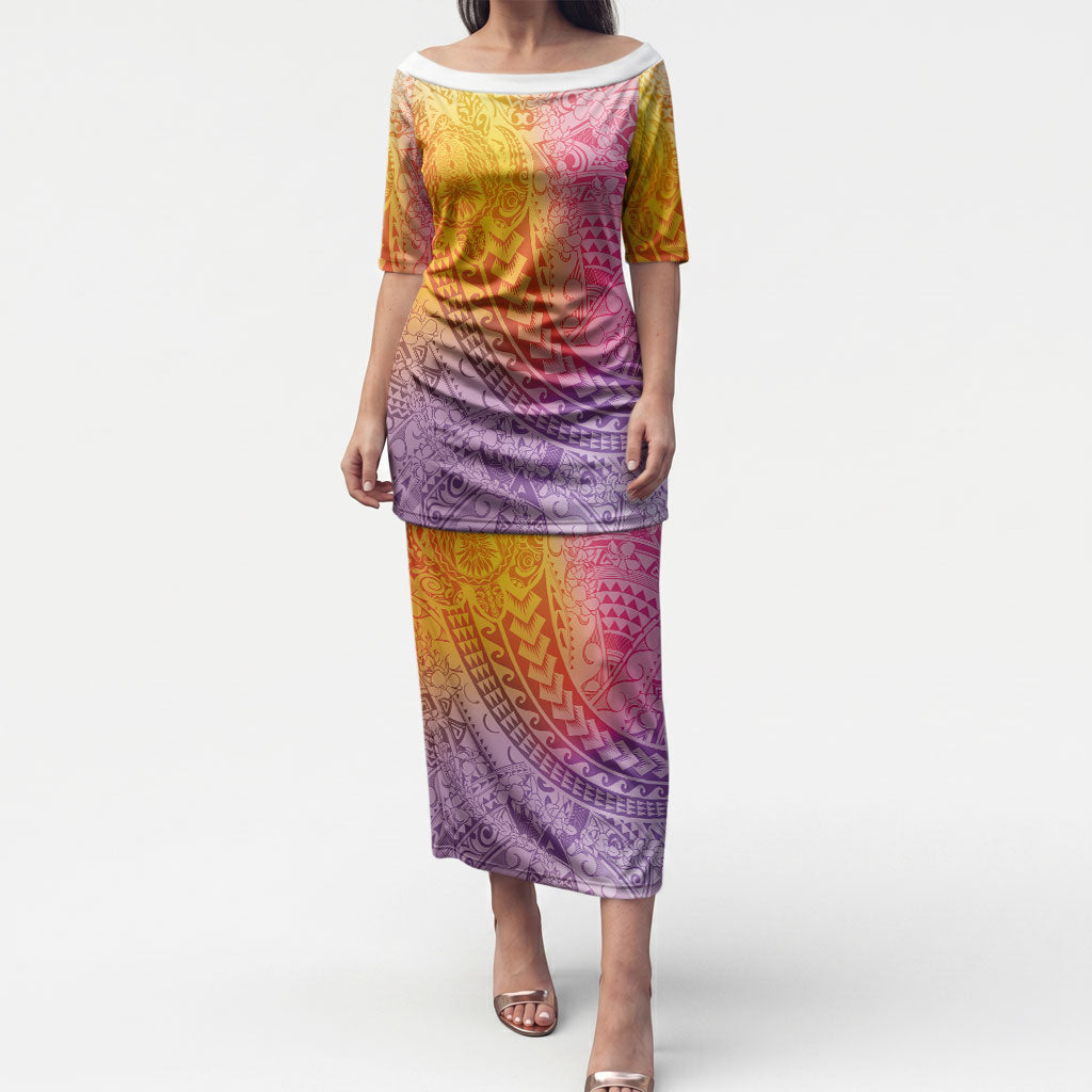 Hawaiian Turtles and Leis Puletasi Tribal Kakau Pattern Magical Rainbow Sky LT03 Long Dress Multicolor - Polynesian Pride