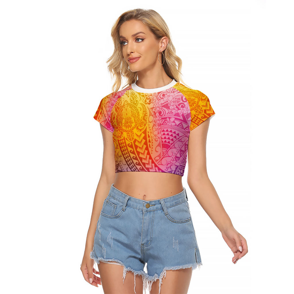 Hawaiian Turtles and Leis Raglan Cropped T Shirt Tribal Kakau Pattern Magical Rainbow Sky LT03 Female Multicolor - Polynesian Pride