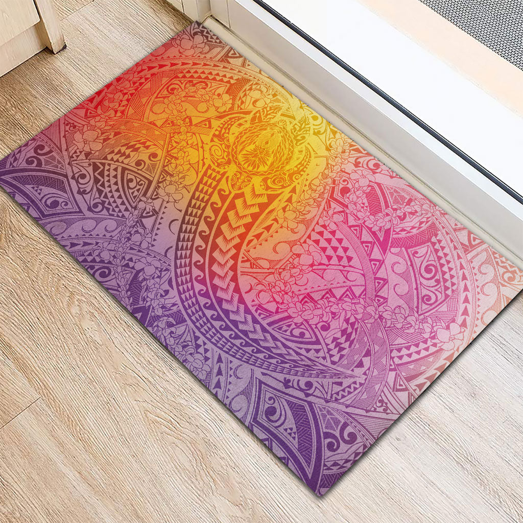 Hawaiian Turtles and Leis Rubber Doormat Tribal Kakau Pattern Magical Rainbow Sky