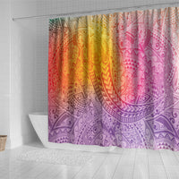 Hawaiian Turtles and Leis Shower Curtain Tribal Kakau Pattern Magical Rainbow Sky