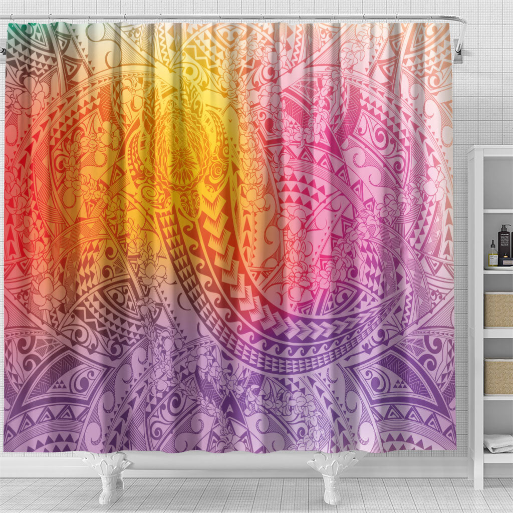 Hawaiian Turtles and Leis Shower Curtain Tribal Kakau Pattern Magical Rainbow Sky