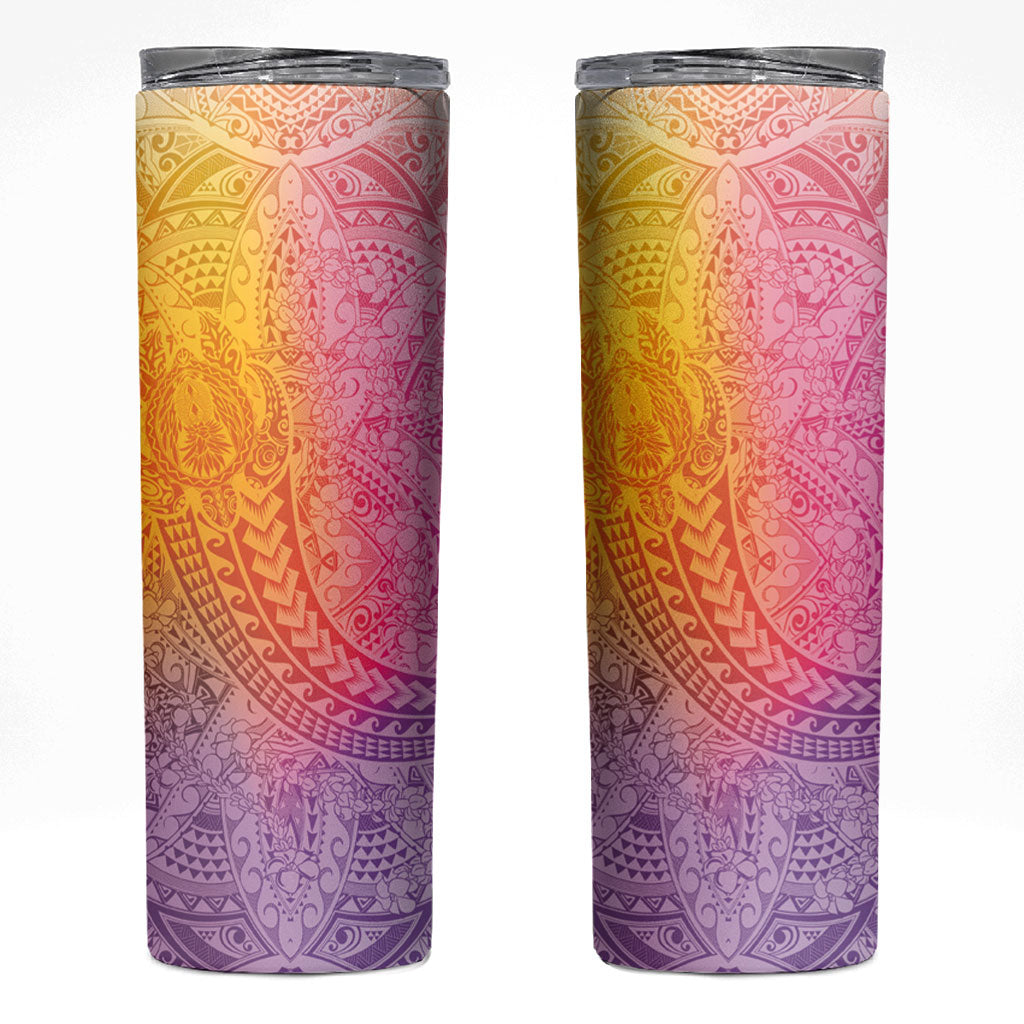 Hawaiian Turtles and Leis Skinny Tumbler Tribal Kakau Pattern Magical Rainbow Sky LT03 Multicolor - Polynesian Pride