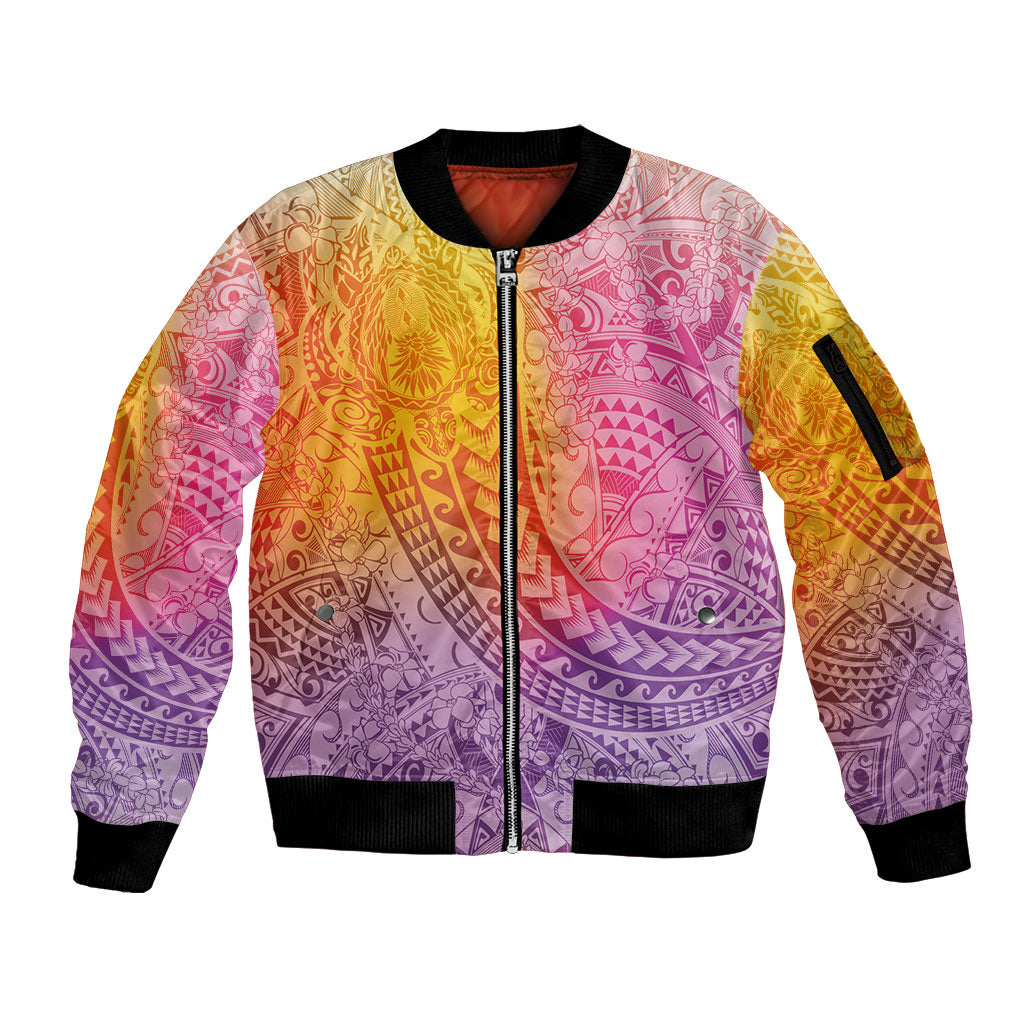Hawaiian Turtles and Leis Sleeve Zip Bomber Jacket Tribal Kakau Pattern Magical Rainbow Sky LT03 Unisex Multicolor - Polynesian Pride