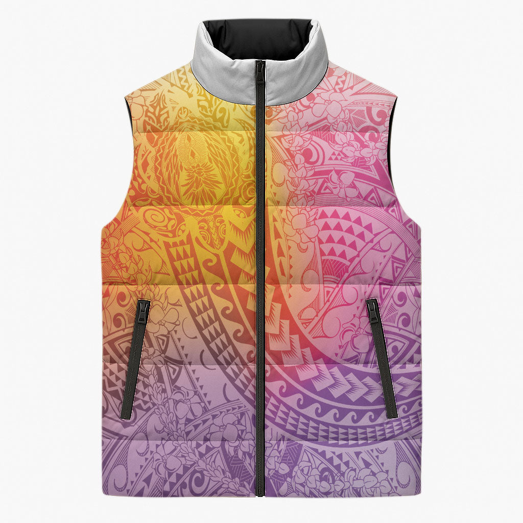Hawaiian Turtles and Leis Sleeveless Puffer Jacket Tribal Kakau Pattern Magical Rainbow Sky LT03 Unisex Multicolor - Polynesian Pride